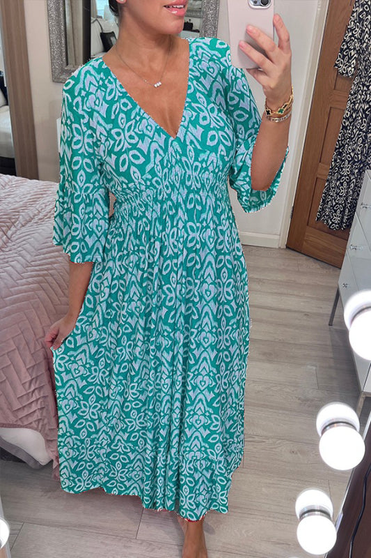 2025 Nieuwe Bohemian Casual Print V-hals Lange Jurk