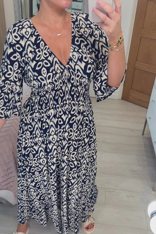 2025 Nieuwe Bohemian Casual Print V-hals Lange Jurk