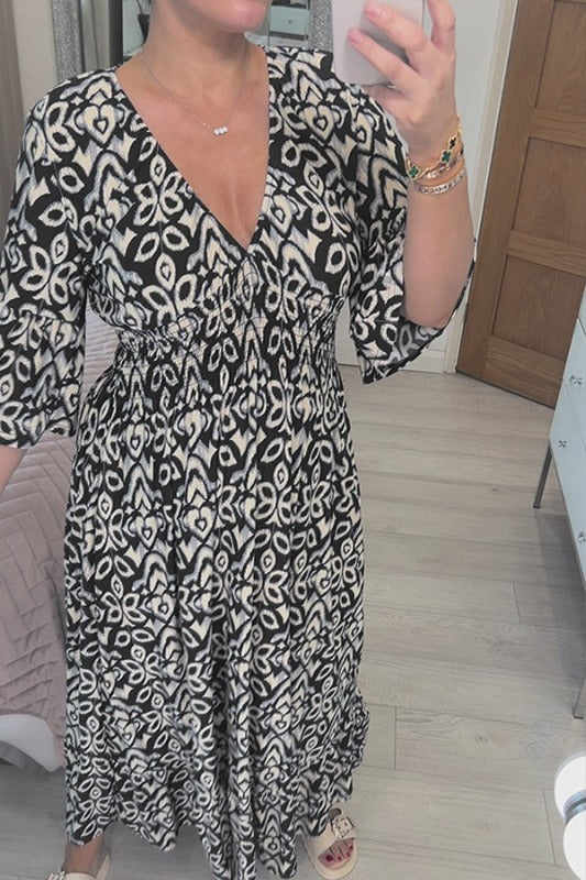 2025 Nieuwe Bohemian Casual Print V-hals Lange Jurk