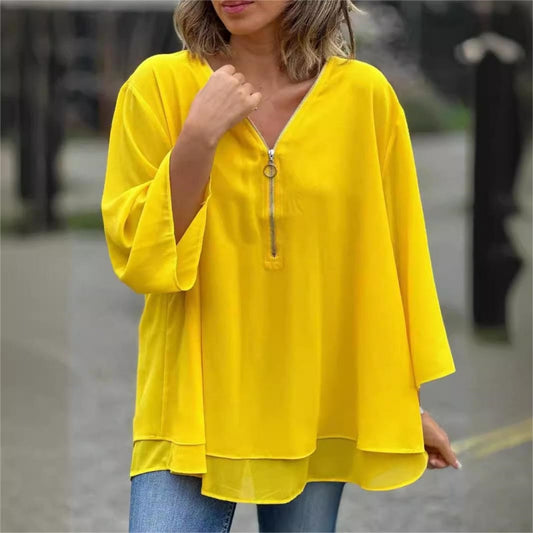 🔥Nieuwe collectie Hot Sale 🔥Zachte tops met dubbele laag V-hals, ritssluiting en 3/4 mouwen